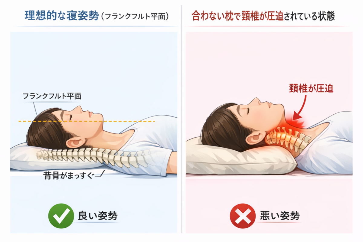 理想的な寝姿勢（フランクフルト平面）と、合わない枕で頸椎が圧迫されている状態の比較イラスト
