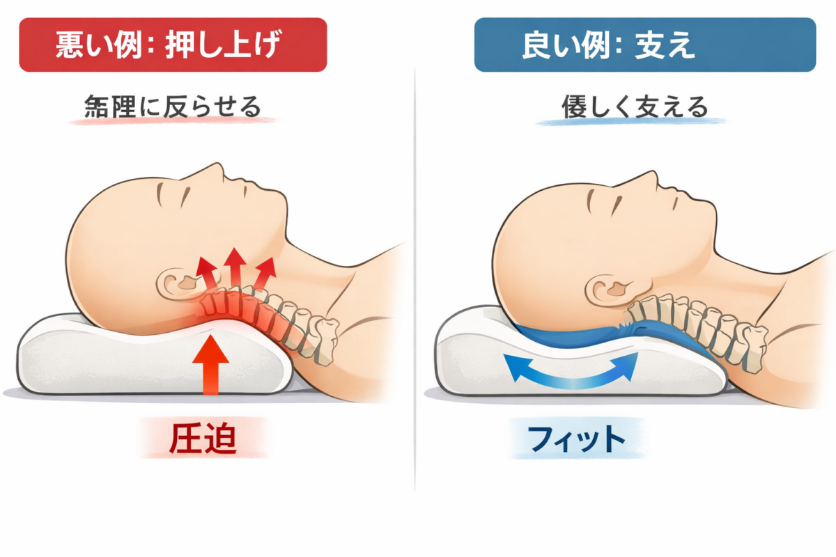 頸椎サポートの正しい概念図。首を無理に反らせる「押し上げ」と、隙間を優しく埋める「支え」の違いを可視化。