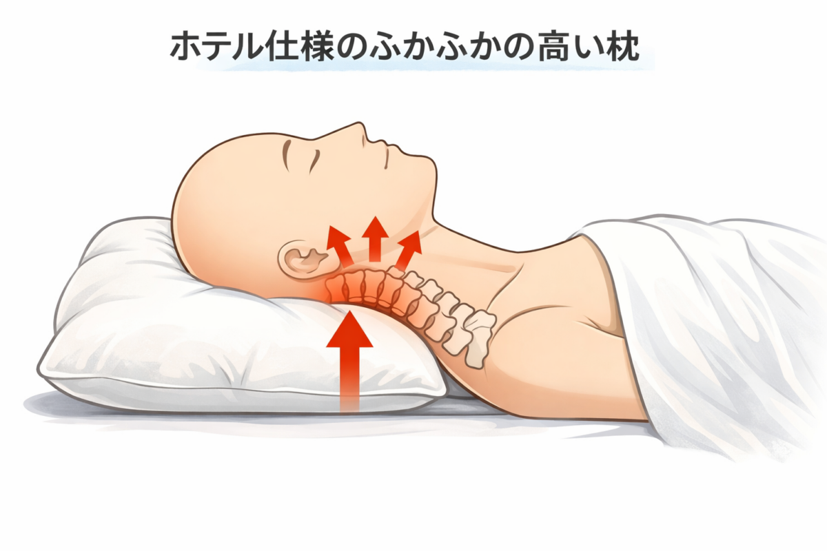 ホテル仕様のふかふかした高い枕と、それによって首が不自然に曲がっている寝姿勢のイラスト