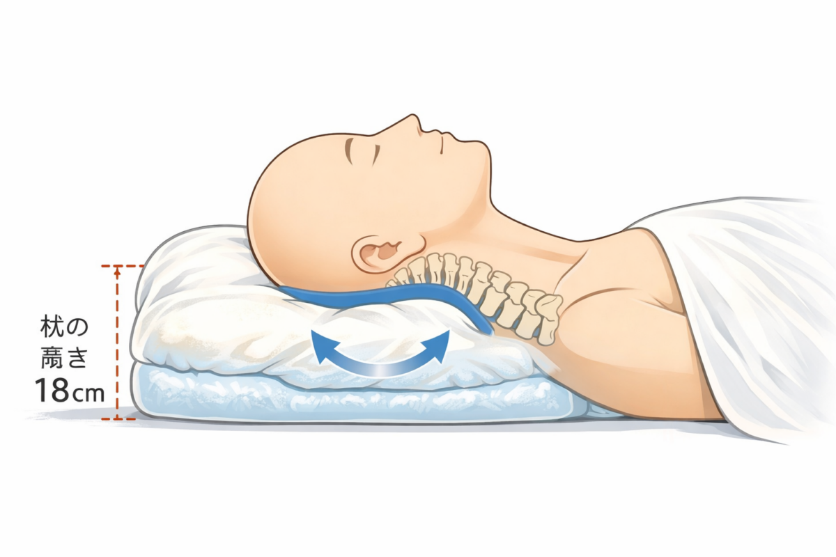 高さ18cmの枕が頭の重さで沈み込み、頸椎を支える様子を描いた断面シミュレーション図