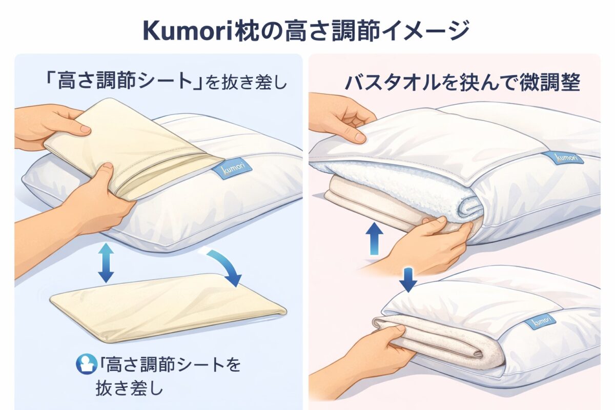 Kumori枕の高さ調節シートを抜き差しする様子と、バスタオルを併用した微調整のイメージ図