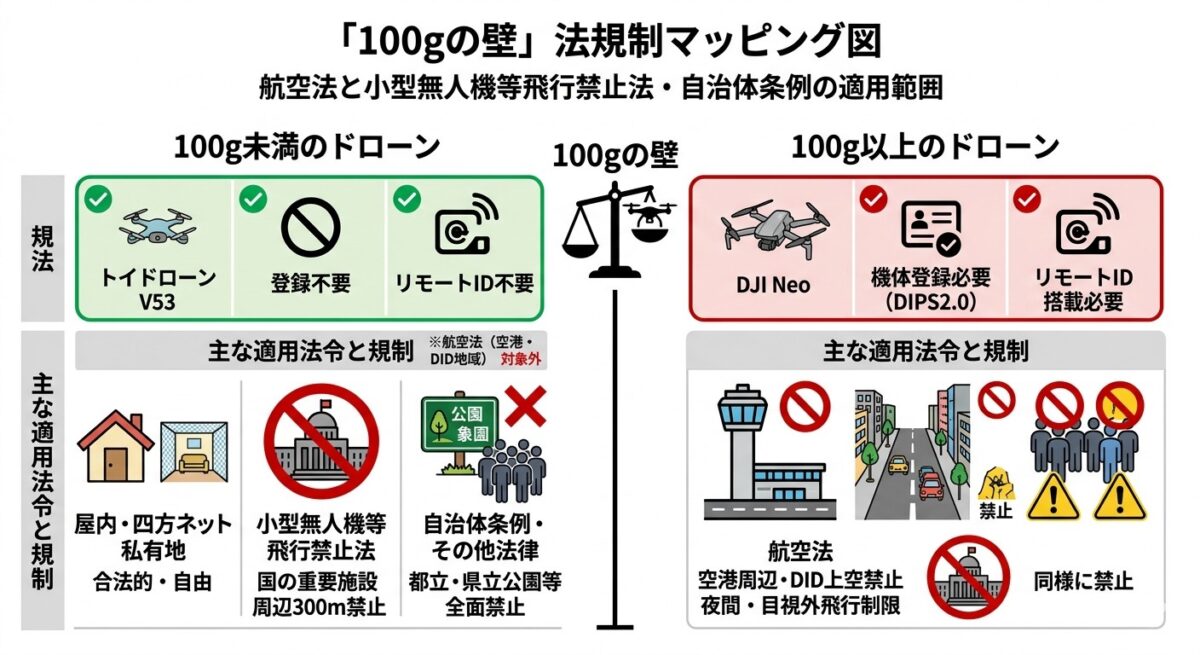 ドローン 免許不要モデルの罠と「4DRC V53」の最適な活用~「100gの壁」法規制マッピング図